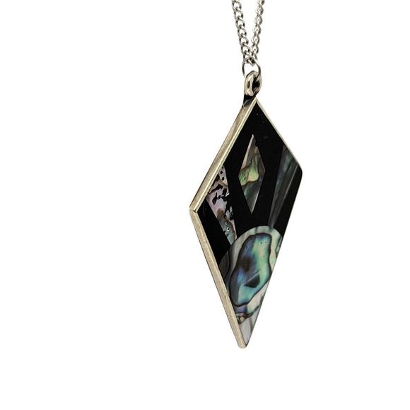Vintage Silver Inlaid Mother of Pearl and Jet Art Deco Design Pendant 18" Chain - Picture 4 of 6